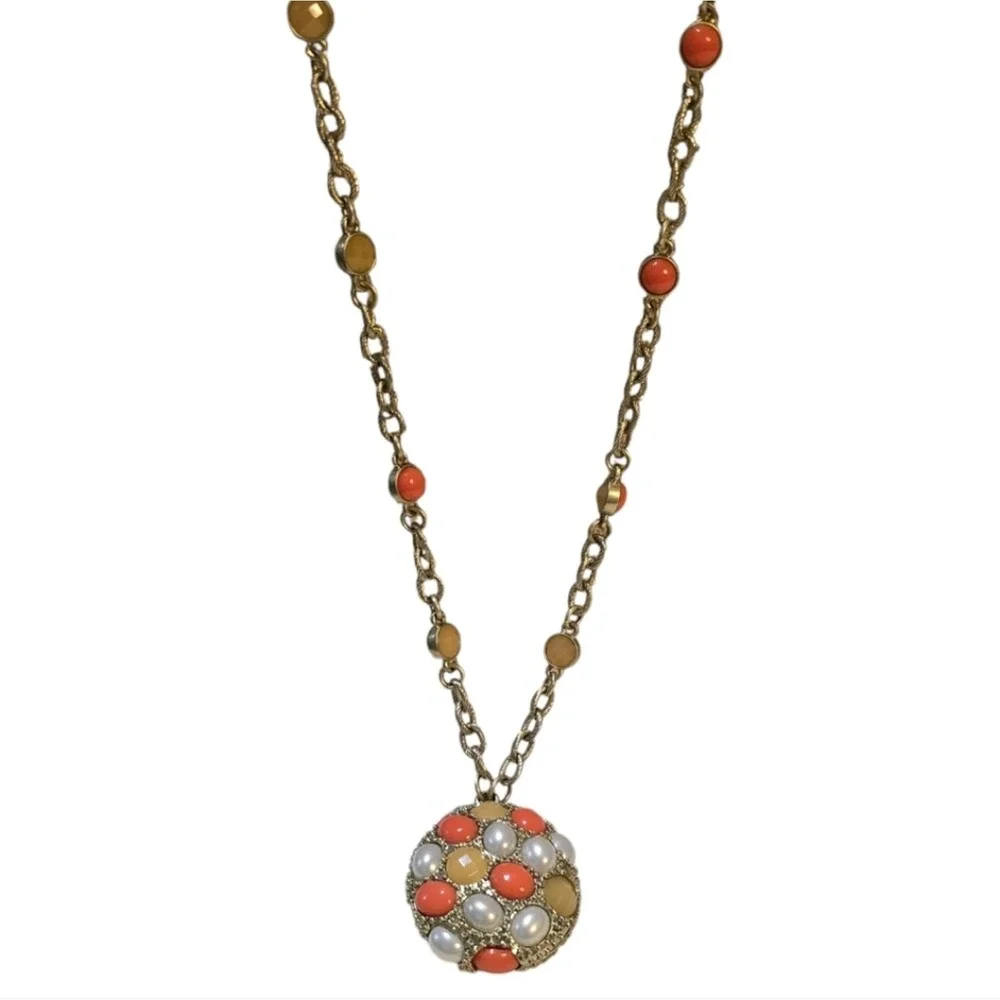 Lia Sophia Coral White‎ Amber Cabochon Domed Pendant Long Gold Tone Necklace NEW